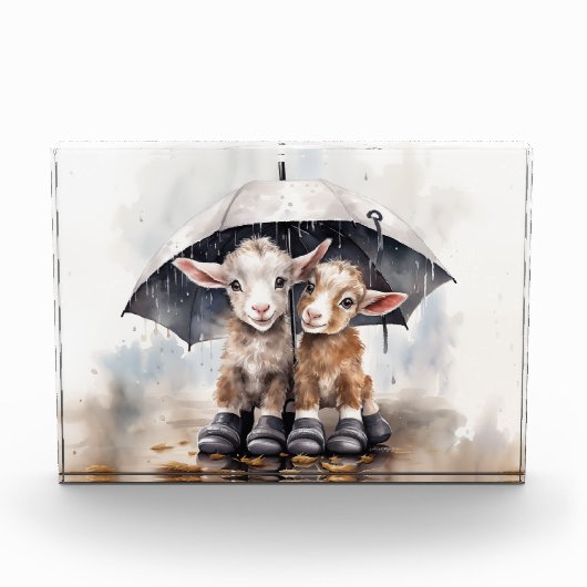 かわいい雨の日ヤギ フォトブロック (正面)