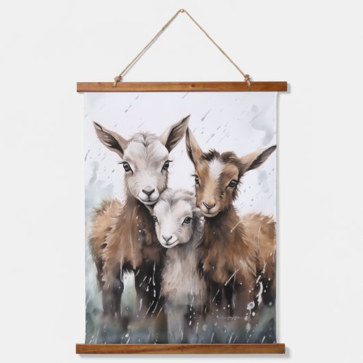 かわいい雨の日ヤギ 吊り下げ型タペストリー (正面)