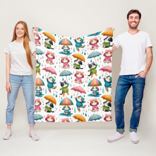 かわいい雨猫と傘つき犬 フリースブランケット (インサイチュ)