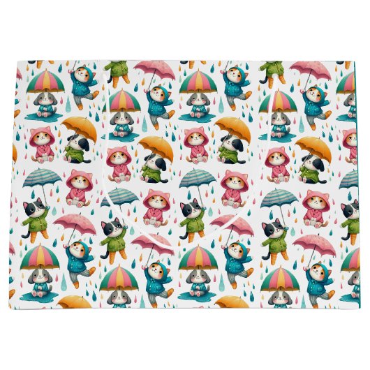 かわいい雨猫と傘つき犬 ラージペーパーバッグ (正面)