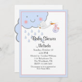 かわいい雨雲とコウノトリのベビーシャワー 招待状 (正面/裏面)