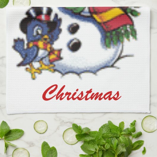 かわいい雪だるまおよびブルーバード キッチンタオル (折り畳み)