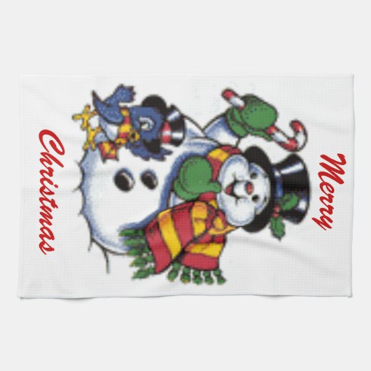 かわいい雪だるまおよびブルーバード キッチンタオル (横)