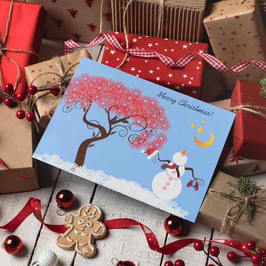 かわいい雪だるまお月さまを見上げる シーズンカード