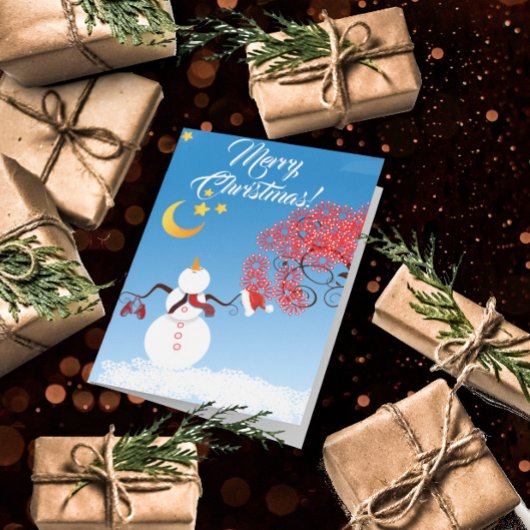 かわいい雪だるまお月さまを見上げる シーズンカード