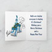 かわいい雪だるまがクリスマスベルを持つスノーウィー シーズンカード (内部)