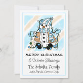 かわいい雪だるまがクリスマスライトを持ってるよ オーダーメイド カード (正面)