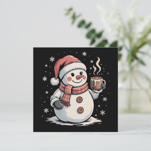 かわいい雪だるまがコーヒーを飲む冬の雪の結晶クリスマス シーズンカード (スタンド正面)