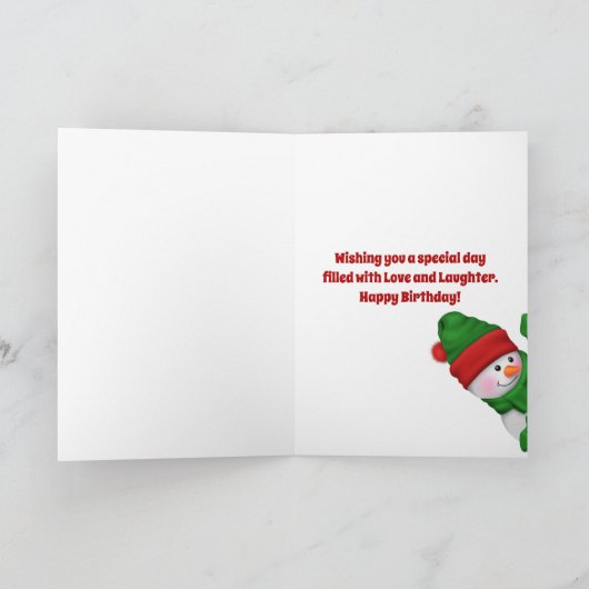 かわいい雪だるまが雪の天使を作る誕生日 カード (内部)