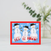 かわいい雪だるまが雪を降らせるホリデーカード シーズンポストカード (スタンド正面)