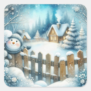 かわいい雪だるまとクリスマスコテージ スクエアシール
