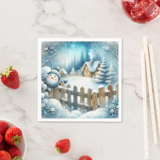 かわいい雪だるまとクリスマスコテージ スタンダードカクテルナプキン (インサイチュ)