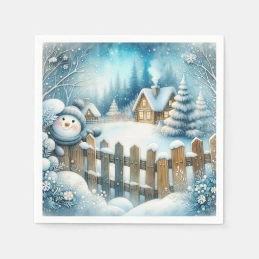 かわいい雪だるまとクリスマスコテージ スタンダードカクテルナプキン (正面)