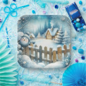 かわいい雪だるまとクリスマスコテージ ペーパープレート (パーティー)