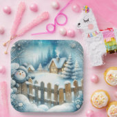 かわいい雪だるまとクリスマスコテージ ペーパープレート (パーティー)