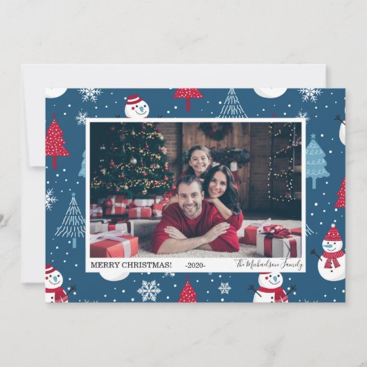 かわいい雪だるまとクリスマスツリーの写真 シーズンカード (正面)