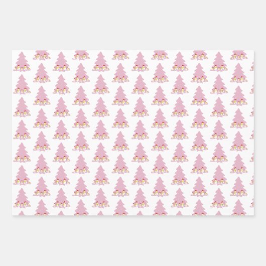 かわいい雪だるまとクリスマスツリーパターンの休日 ラッピングペーパーシート (正面2)