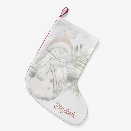かわいい雪だるまとサンタハットパーソナライズされた- スモールクリスマスストッキング (正面 (吊り時))