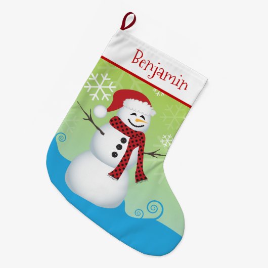 かわいい雪だるまとサンタハット ラージクリスマスストッキング (正面 (吊り時))