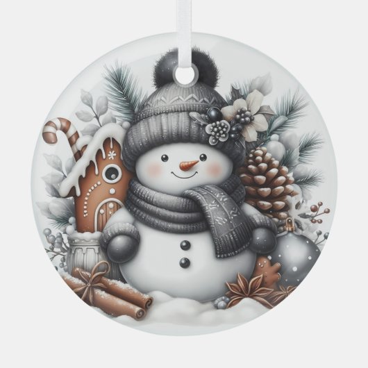 かわいい雪だるまとジンジャーブレッドの家 ガラスオーナメント (正面)