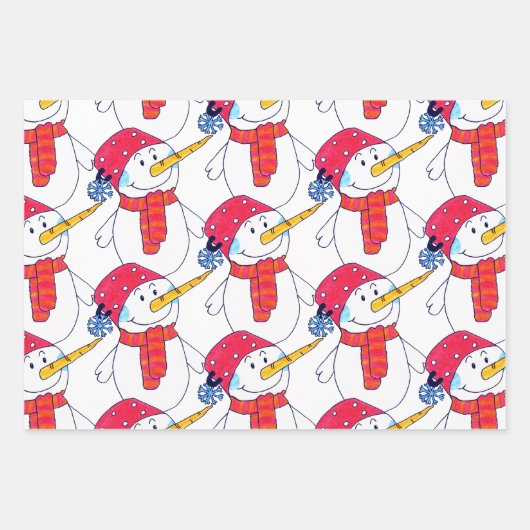 かわいい雪だるまとスノーフレークのパターン子供のクリスマス ラッピングペーパーシート (正面2)