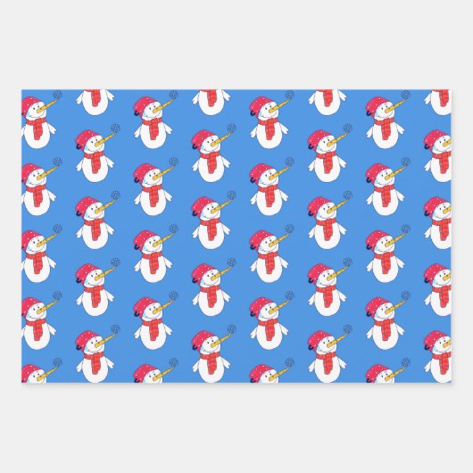 かわいい雪だるまとスノーフレークのパターン子供のクリスマス ラッピングペーパーシート (正面)