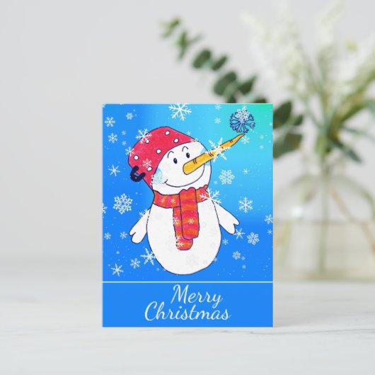 かわいい雪だるまとスノーフレークスケッチクリスマス シーズンポストカード (スタンド正面)