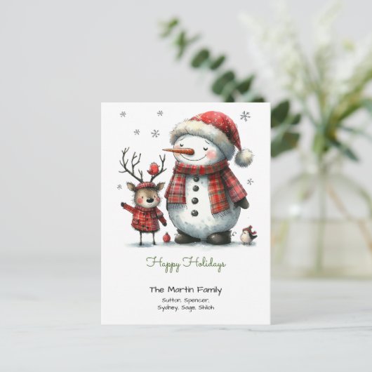 かわいい雪だるまとトナカイのハッピーホリデー ポストカード (スタンド正面)