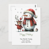 かわいい雪だるまとトナカイのハッピーホリデー ポストカード (正面/裏面)