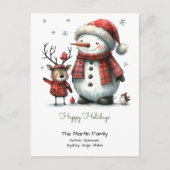 かわいい雪だるまとトナカイのハッピーホリデー ポストカード (正面)