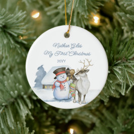 かわいい雪だるまとトナカイのファーストクリスマス陶器 セラミックオーナメント