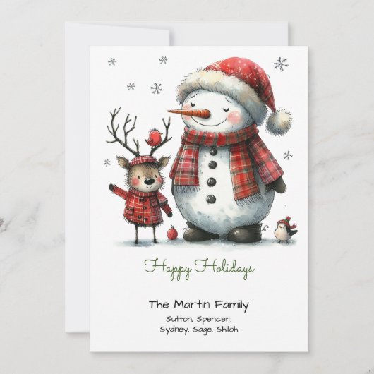 かわいい雪だるまとトナカイ幸せ シーズンカード (正面)