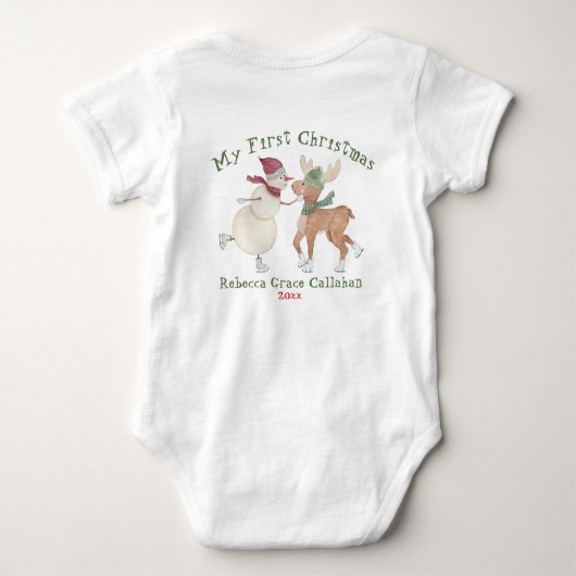 かわいい雪だるまとトナカイ私の初めてのクリスマス ベビーボディスーツ (裏面)