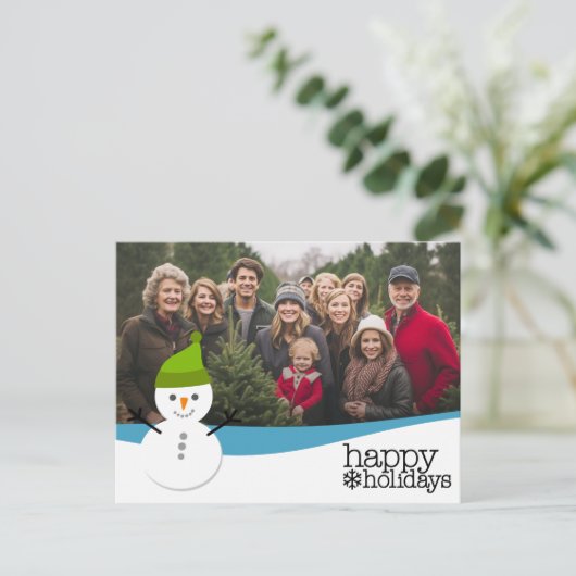 かわいい雪だるまとハッピーホリデーとワンフォト シーズンポストカード (スタンド正面)
