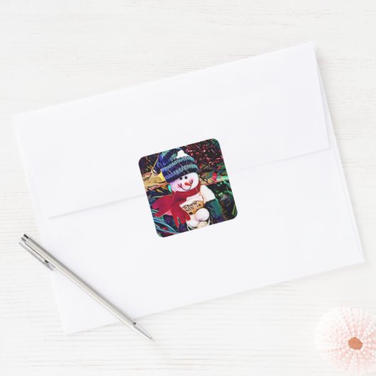 かわいい雪だるまとバケツの雪玉クリスマス スクエアシール (封筒)