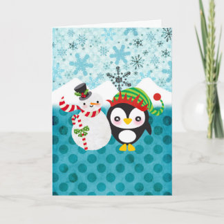かわいい雪だるまとペンギンのクリスマスカード カード