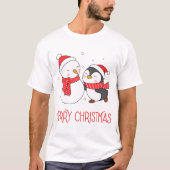 かわいい雪だるまとペンギンのメリークリスマス Tシャツ (正面)