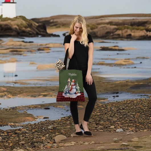 かわいい雪だるまとライトハウスオンプレイドモノグラム名 トートバッグ