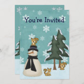 かわいい雪だるまとリス冬誕生日 招待状 (正面/裏面)