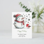 かわいい雪だるまとレッドバードハッピーホリデー ポストカード (スタンド正面)