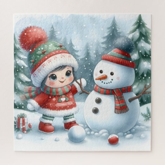 かわいい雪だるまと友人 ジグソーパズル (縦)
