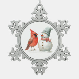 かわいい雪だるまと小鳥の冬のクリスマスの光景 スノーフレークピューターオーナメント
