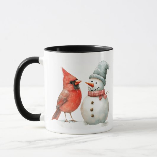 かわいい雪だるまと小鳥の冬のクリスマスの光景 マグカップ (左)