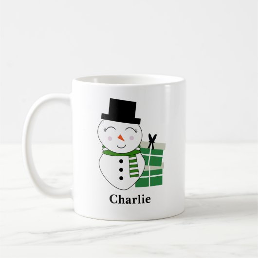 かわいい雪だるまと緑のクリスマスプレゼント コーヒーマグカップ (左)