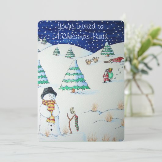 かわいい雪だるまと雪の中のクリスマスストッキング 招待状 (スタンド正面)