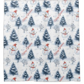 かわいい雪だるまと雪の木々メリークリスマス シャワーカーテン (正面)