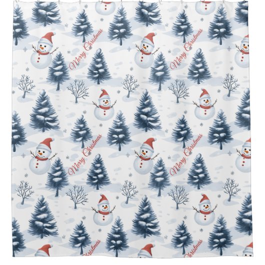かわいい雪だるまと雪の木々メリークリスマス シャワーカーテン (正面)