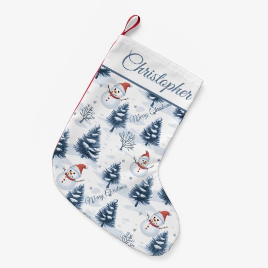 かわいい雪だるまと雪の木々メリークリスマス スモールクリスマスストッキング (正面 (吊り時))