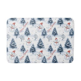 かわいい雪だるまと雪の木々メリークリスマス バスマット
