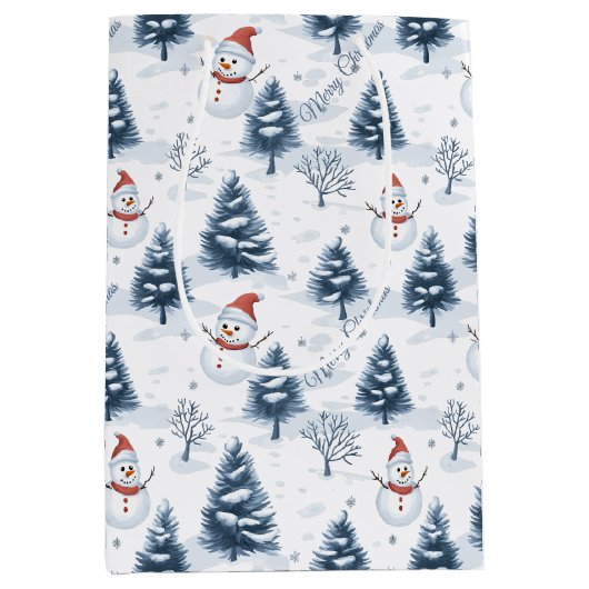 かわいい雪だるまと雪の木々メリークリスマス ミディアムペーパーバッグ (正面)
